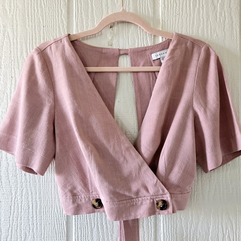 TOPSHOP Pink Surplice Button Front Crop Top Tie Open Back Short Sleeve sz 4